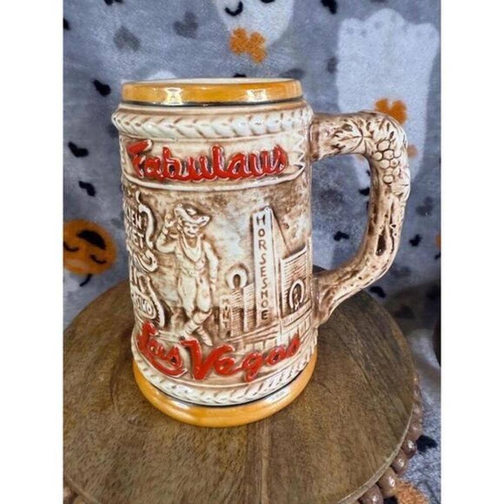 Vintage Las Vegas Souvenir Beer Stein Mug  “Fabulous Las Vegas” Embossed Ceramic